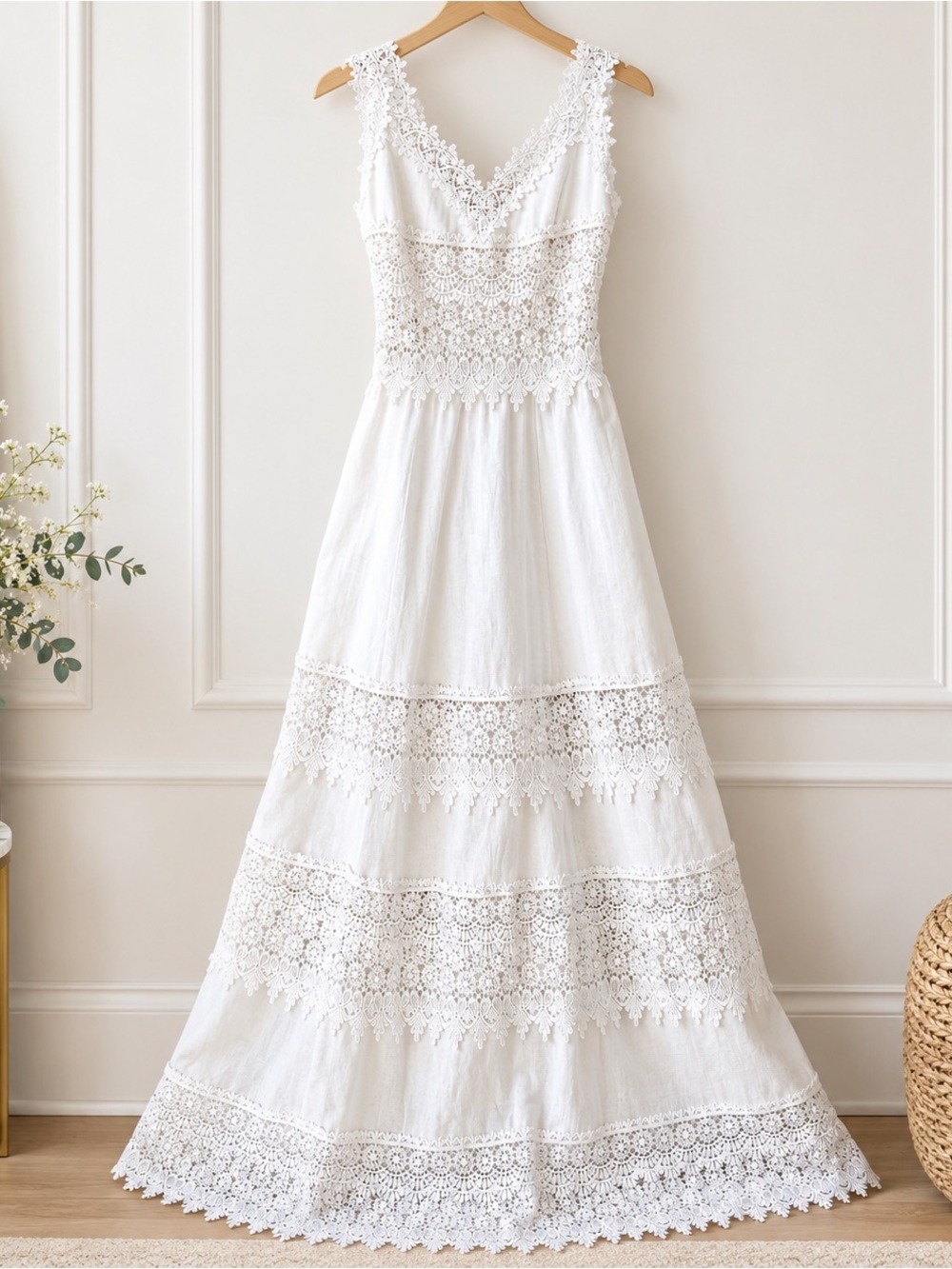 Charo Ruiz White Crochet Lace Maxi Dress